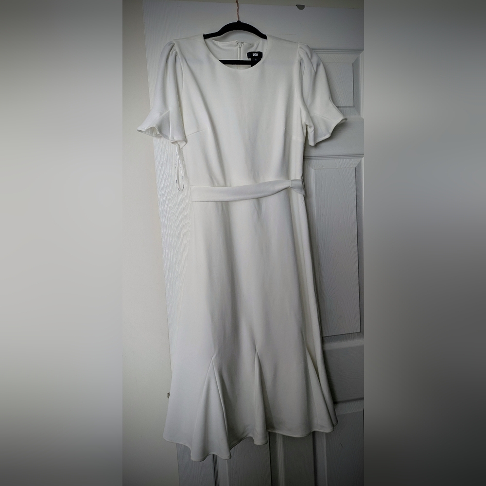 DKNY White A-Line Mini Dress with Flutter Sleeves